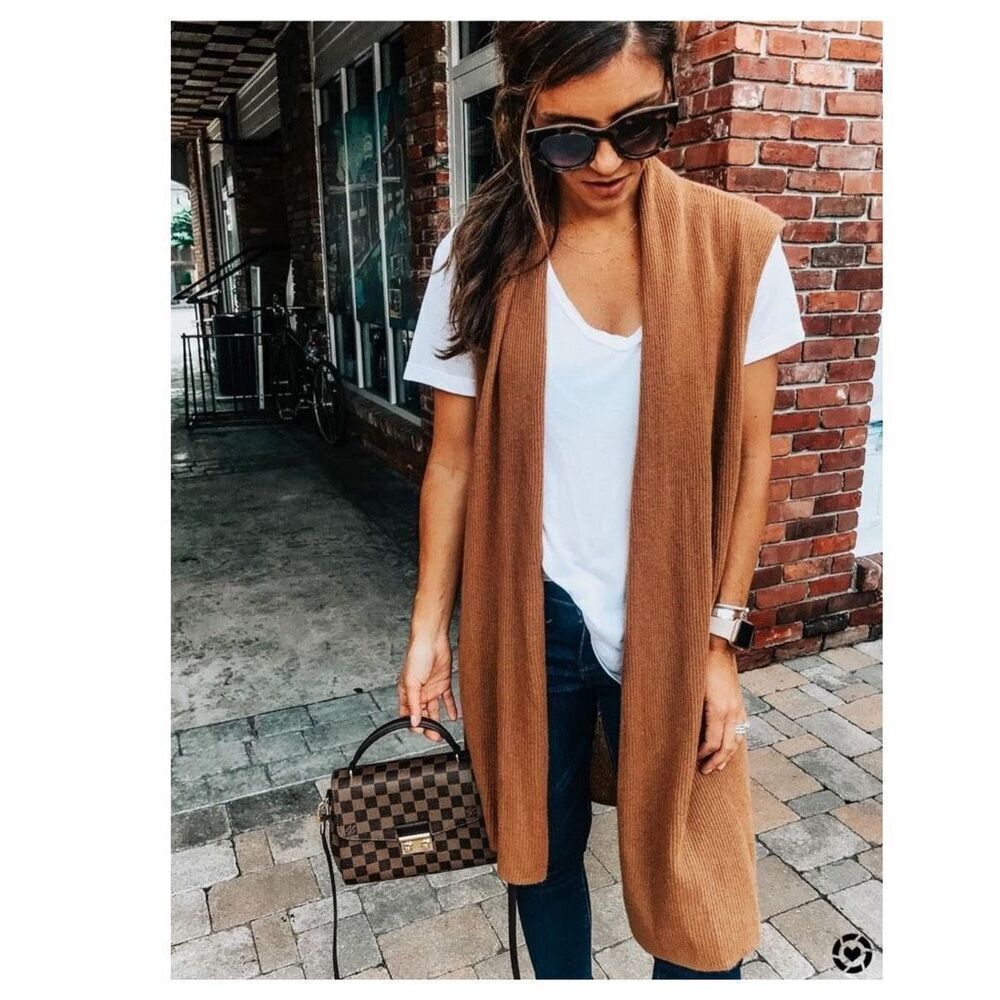 Eileen Fisher linen blend knit sleeveless duster vest cardigan Size XS caramel b